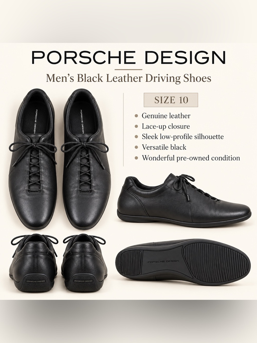Porsche Design Men’s Black Leather Driving Shoes Lace Up Size 10 - Picture 2 of 12